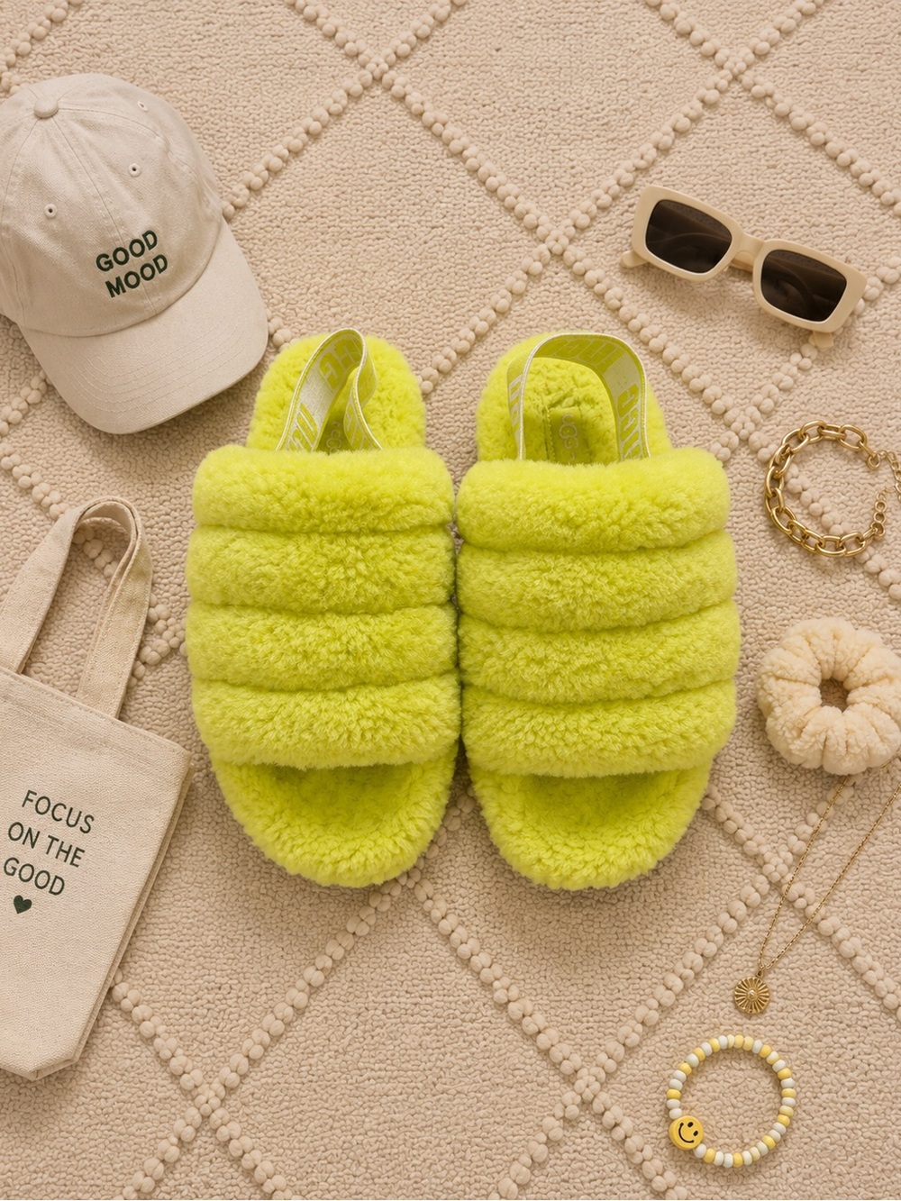 UGG Girls Neon Lime Plush Slide Slippers Size 7 Fuzzy Cozy Sandals